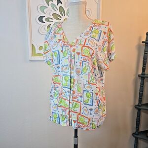 Cynthia Rowley Top Girls Just Wanna Have Brunch Size L Colorful Button Up Linen